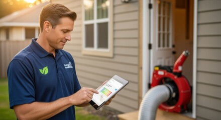 Testing professional documenting blowerdoor air leakage results on tablet computer during energy audit walkthrough of residential property.