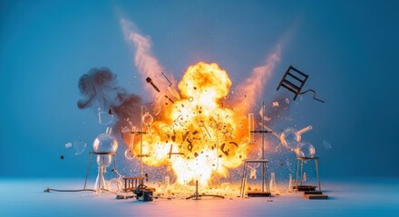 Dramatic scientific experiment gone wrong featuring a fiery explosion and shattered glassware