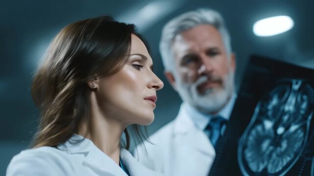 Doctor reviewing brain scan with patient s family in a hospital setting