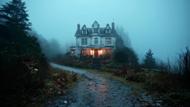 Eerie mansion behind iron gates on foggy night. Spooky haunted house with glowing windows. Gothic horror scene for Halloween. Mysterious abandoned estate in misty forest.