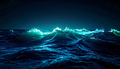 Glowing teal ocean waves at night