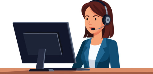 Woman with Headset, Computer, Customer Service VECTOR