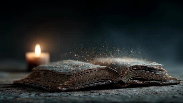 Magical old book with glowing dust and candle in dark. Ancient wisdom, fantasy literature concept. Mystical knowledge, spellbook on stone surface. Enchanted tome video.