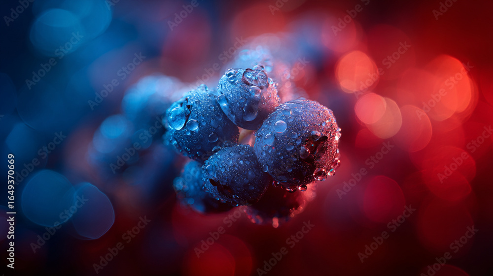 Poster cluster of blueberries with condensation is captured in sharp focus, set against vibrant red and blu