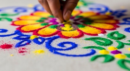 Obraz premium Hand Crafting Vibrant Rangoli Design with Colorful Powders for Indian Festival Celebration, Traditional Decorative Floor Art, Cultural Heritage Dec...