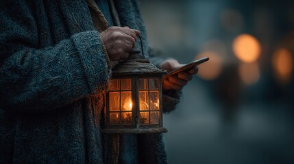 Captivating evening lantern lighting urban street photography dimly lit environment close-up view serenity and warmth