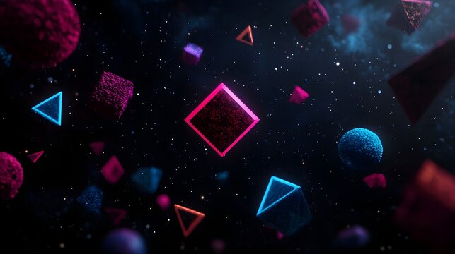 Floating Geometric Shapes in Space with Neon Colors and Stars