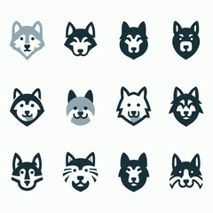 Cute Wolf and Dog Head Icons Set