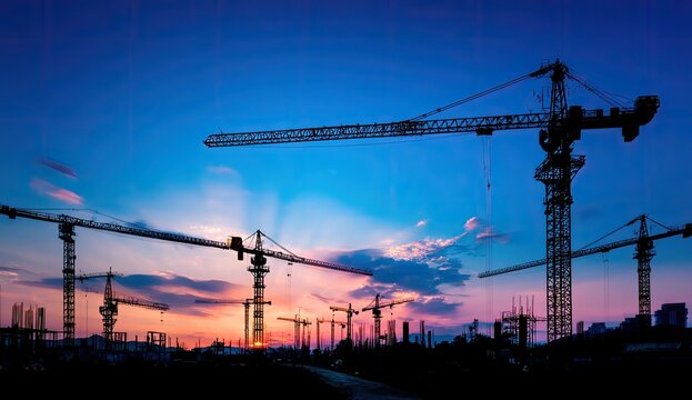 Silhouette of construction cranes at sunset (2)