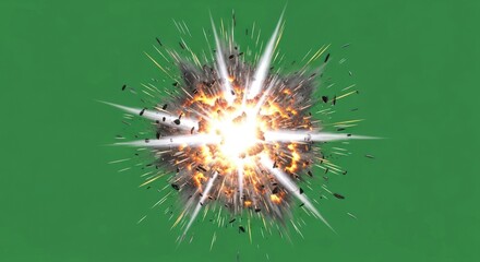 Obraz premium Dynamic impact explosion with fiery burst and splintering debris against green screen