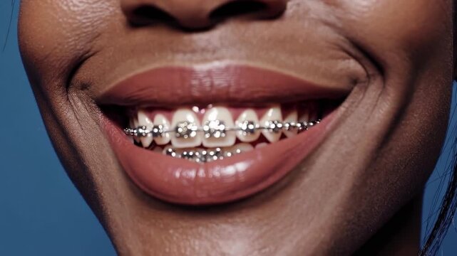 Extreme close-up of a smiling mouth with metal dental braces&mdash;clean teeth and glossy lips, orthodontic treatment detail (4K, 16:9).