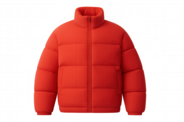 Winter red jacket protecting against cold, hanging in empty space with clean transparent backdrop