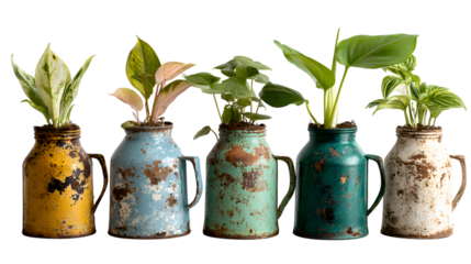 Five vintage milk cans with distressed paint showcase vibrant green plants, adding rustic charm to any space isolated on white background 