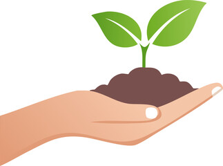 Artistic flat illustration of a hand cupping soil and a sprouting seedling, soft gradient shading, white background