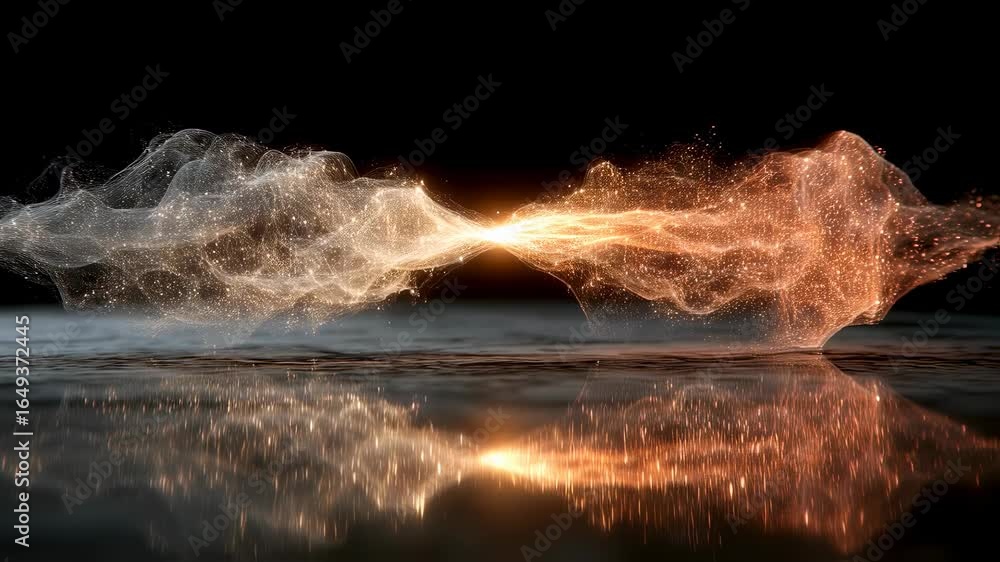Poster abstract digital energy waves colliding in fiery explosion over reflective surface. futuristic techn