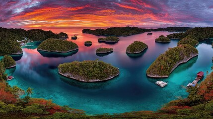 Breathtaking Sunset Over Serene Tropical Islands in Clear Waters of a Remote Paradise Landscape
