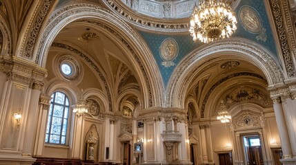 Naklejka premium Elegant architectural details in historic interior with ornate chandeliers and intricate ceiling design