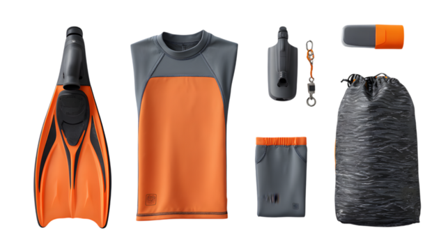 Bright orange and grey snorkeling gear set with fins, rash guard, shorts, and bag isolated on white background 