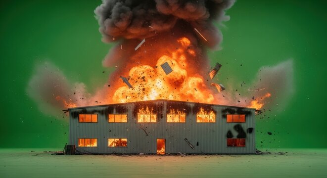 Dramatic building implosion with fire and smoke against a green screen backdrop