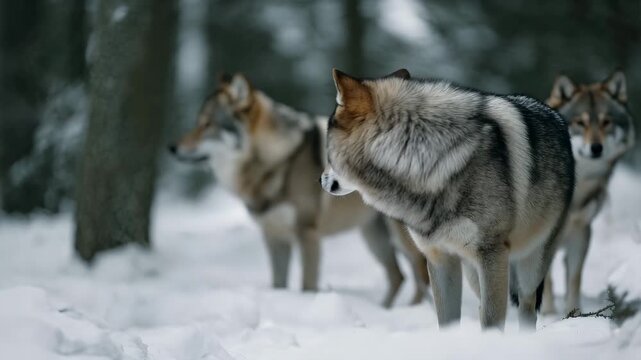 Wolf pack traversing a snowy forest in the winter wilderness