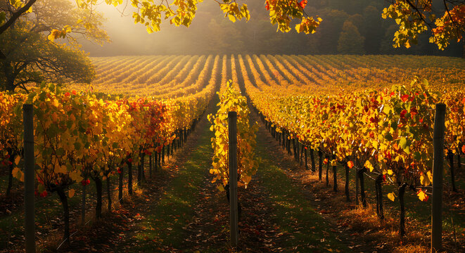 Rows of grapevines in a vineyard display vibrant autumn colors under a warm, hazy sunlight, creating a scenic landscape.