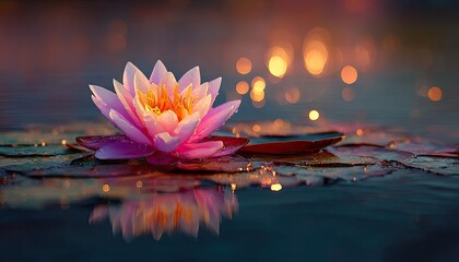 Pink lotus flower on water, serene sunset glow