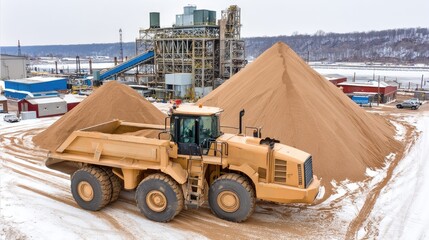 Yellow Loader Operates at Industrial Sand Mine with Equipment and Piles of Sand in Winter Environment
