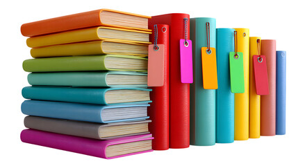 Naklejka premium Vibrant stack of colorful books with blank tags perfect for educational concepts and creative learning isolated on white background 