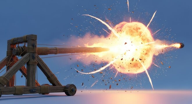 Dynamic visualization of a medieval trebuchet launching a projectile amidst a fiery blast - Powered by Adobe