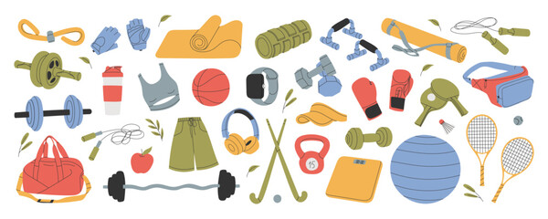 Sport equipment set. Gym accessories, training items, workout stuff, sportswear, athletic bag. Dumbbells, water bottle, fitness mat. Flat graphic vector illustrations isolated on white background