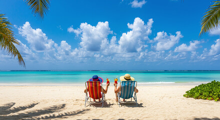 Two people relax on a tropical beach facing the ocean. Suitable for vacation, travel, summer, leisure, relaxation themes in marketing.