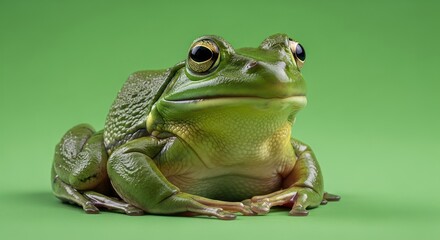 Obraz premium Captivating portrait of a plump green frog against vibrant verdant backdrop in studio setting