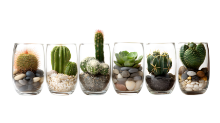 Six unique glass terrariums showcasing diverse cacti and succulents with natural stone arrangements isolated on white background 