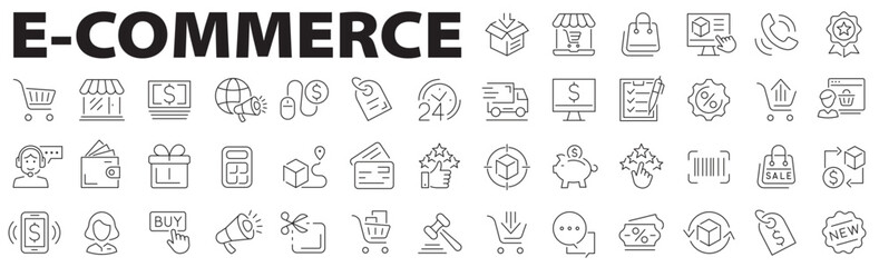 E-commerce icon set. Shopping line icon set. Online shopping, marketing, delivery, payment methods, shopping cart, shipping and more. Vector illustration