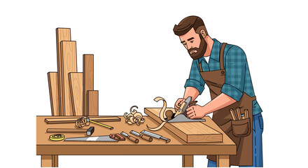 A carpenter working on wood with tools in his workshop
