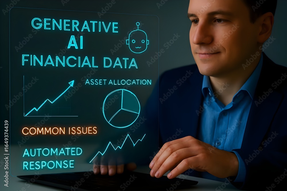 Poster a professional analyzes generative ai financial data on a transparent screen, focusing on asset allo