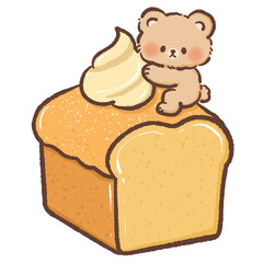 Adorable bear holding whipped cream on soft bread loaf dessert illustration for bakery cafe menu cute food art prints stickers planners and digital crafting projects