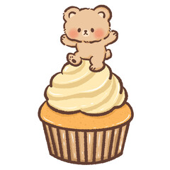 Cute kawaii bear standing on vanilla frosting cupcake adorable chibi bear dessert illustration perfect for bakery sweet treat cafe pastry food clipart kids decoration and digital art design projects