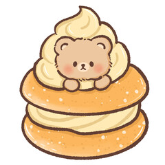 Adorable kawaii bear sitting inside a large golden cream puff with fluffy whipped cream filling in soft pastel tones perfect for bakery themes dessert art childrens illustrations and cute design