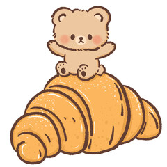 Cute kawaii bear sitting on top of a golden brown croissant adorable chibi bear bakery illustration perfect for breakfast pastry cafe sweet bread food clipart kids decor and digital design projects