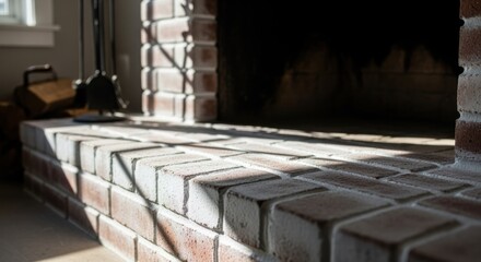 Vintagestyle brick hearth with fresh limewash coating drying under natural light emphasizing contrast and brightening effect on fireplace.