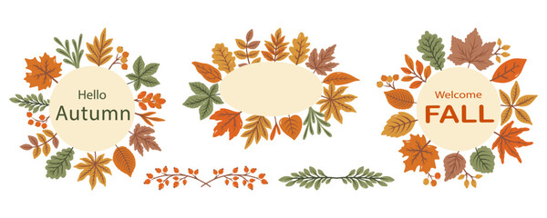 Autumn wreaths and design elements. Fall. Hand drawn leaves, plants, branches. Good for Thanksgiving greeting cards, invitations, flyers and other graphic design. Vector illustration.