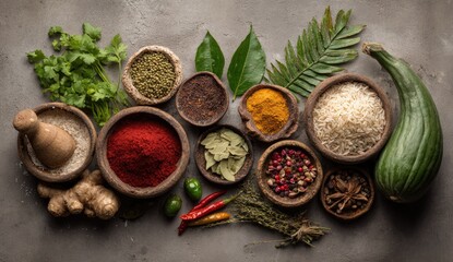 Assorted spices and herbs on a textured surface