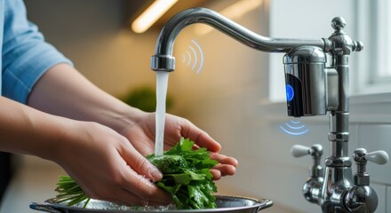 User rinsing fresh herbs under a touchless retrofitted kitchen faucet highlighting handsfree operation for effortless sanitary food preparation.