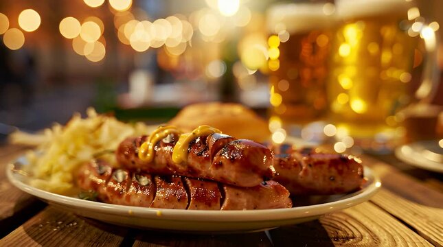 Traditional German Sausages with Sauerkraut and Beer in a Festive Outdoor Setting
