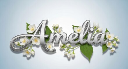 Elegant metallic name Amelia with delicate floral arrangement on a soft gradient backdrop