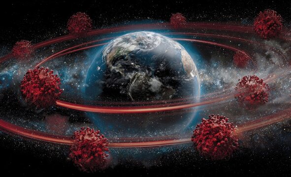 Earth encircled by swirling red virus particles in space