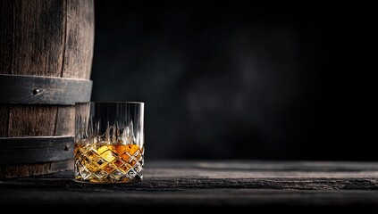 Aged whiskey in crystal glass beside wooden barrel