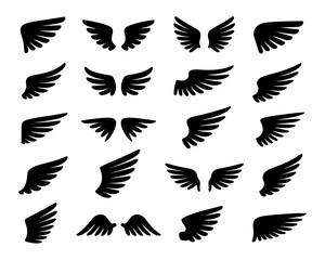 Collection of diverse black wing silhouettes isolated on white background
