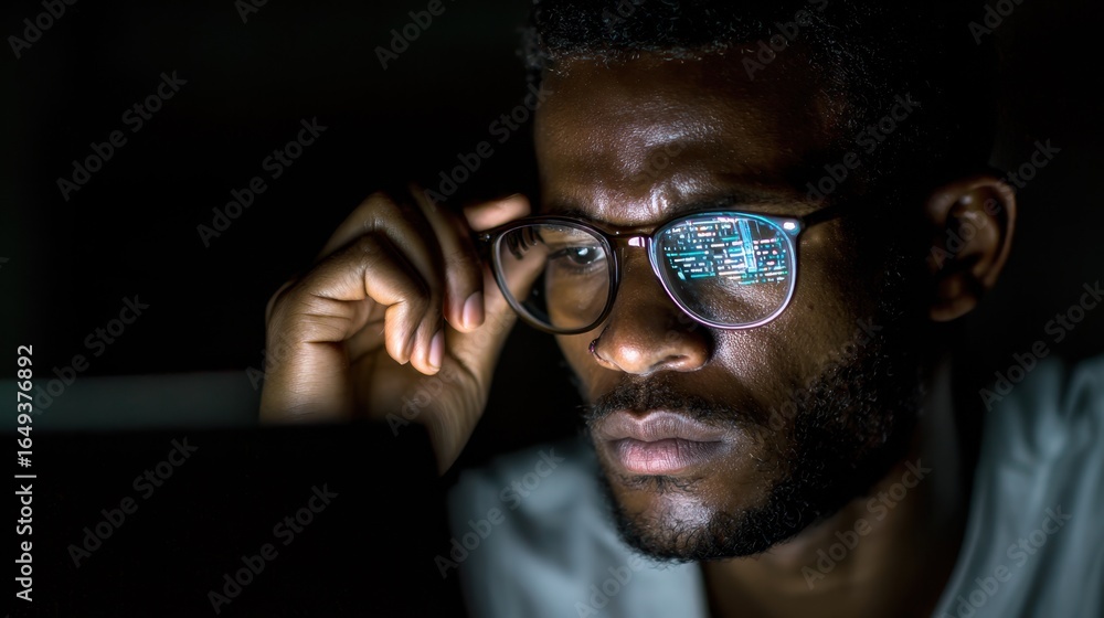 Poster medium shot of a focused college coder adjusting bluelight glasses with one hand while debugging sof
